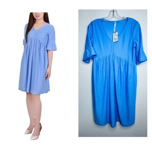 NY Collection Swiss Dot Dress Medium Blue V-Neck Empire Waist Bell Sleeve NWT